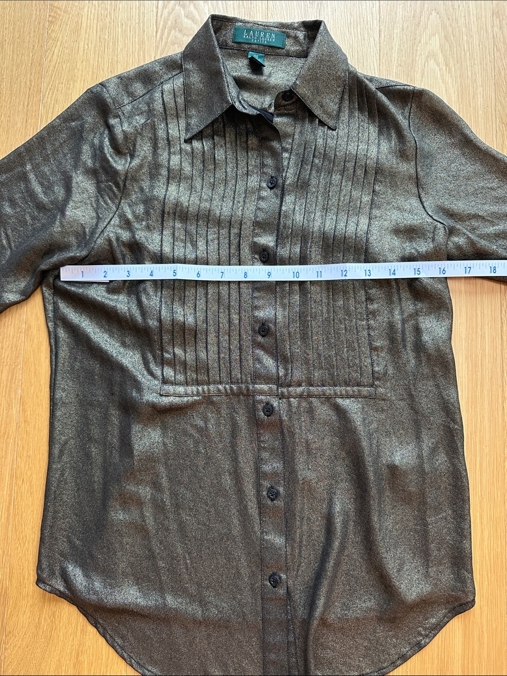 Lauren Ralph Lauren Petite Gold Metallic Pintuck Button Front Sheer Blouse PS - Picture 9 of 12